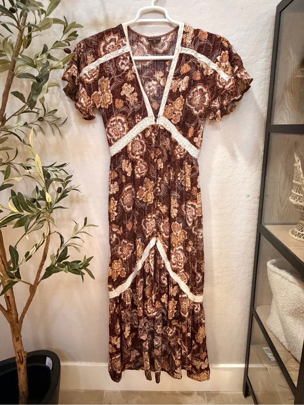 Shyanne Brown Floral Maxi Dress with Cream Trim